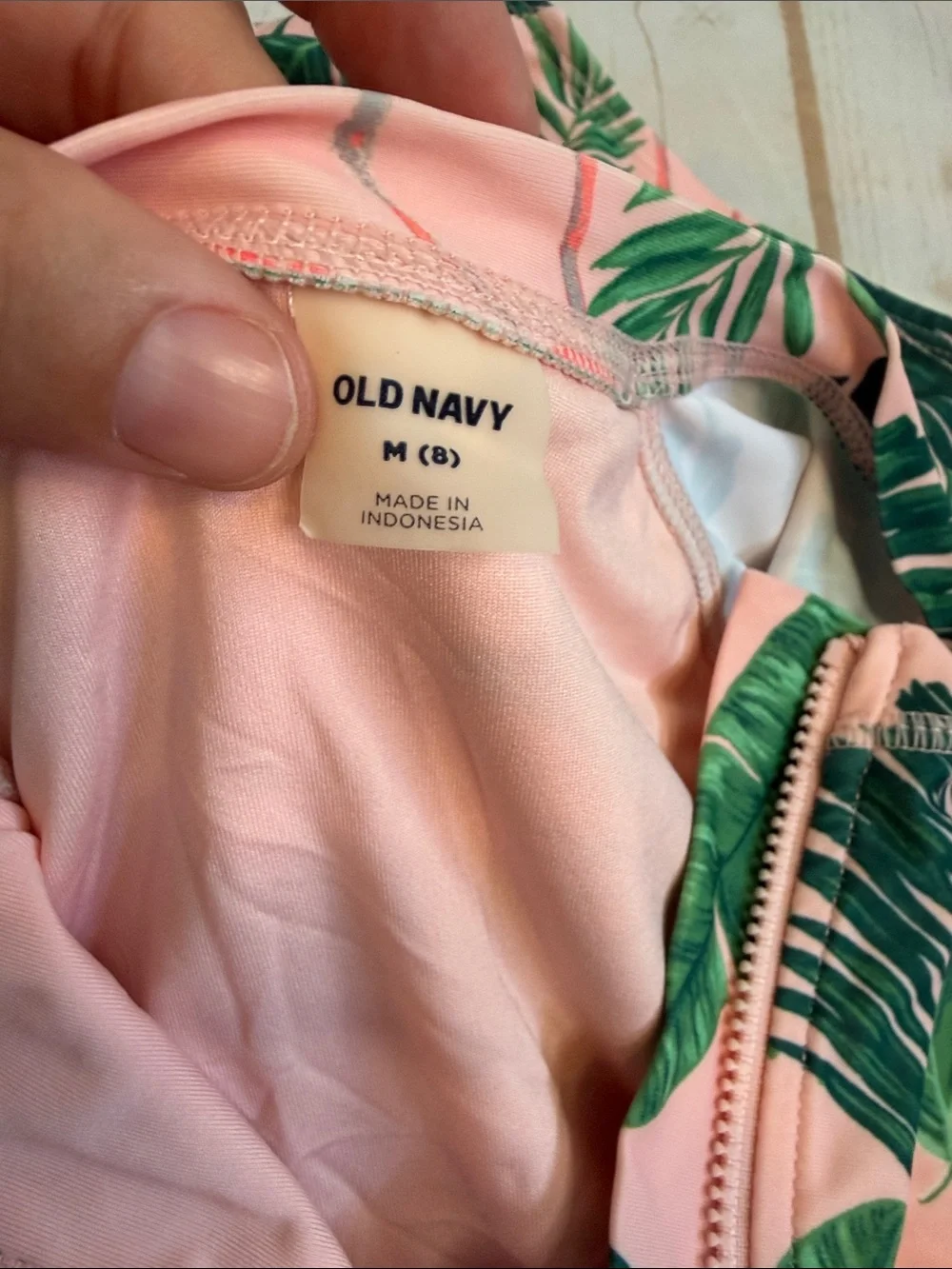 Old Navy Girls' Pink Flamingo & Green Leaf Long-Sleeve One-Piece Swimsuit